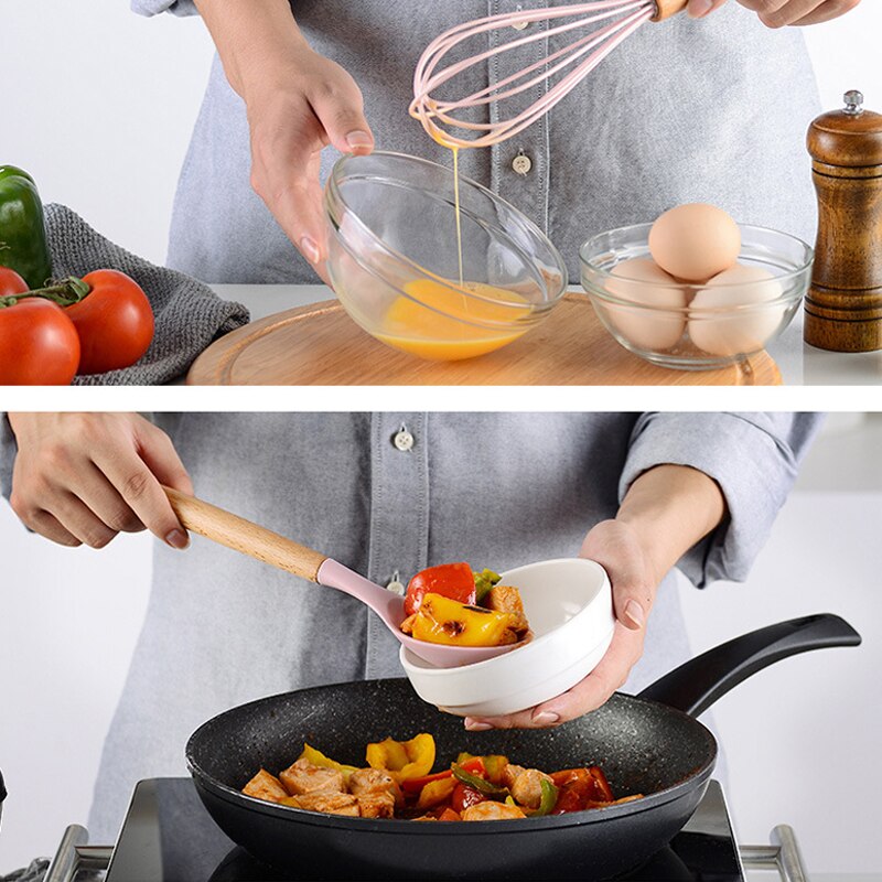 Ensemble D'ustensiles De Cuisine En Silicone Antiadhésif Spatule En Bois Et  Fouet à Oeufs