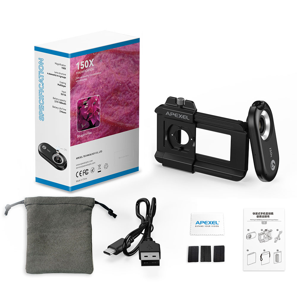 APEXEL nueva lente de microscopio 100X-200X mejorada 3 en 1 Kit de lentes de cámara de teléfono lentes macro con luz LED para todos los teléfonos inteligentes: Plata