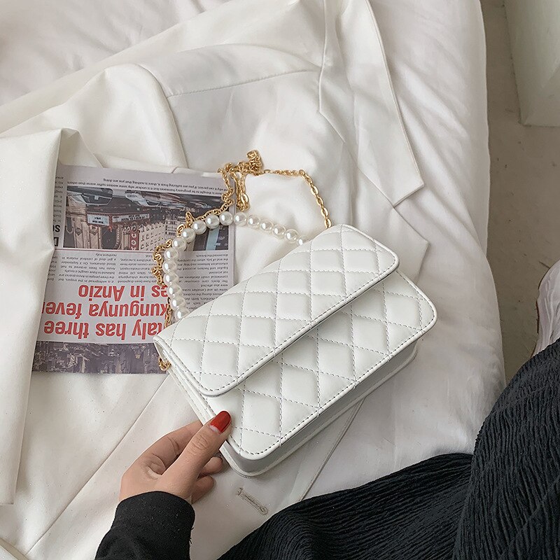 Lingge torba damska 2021 letnia nowa moda jedna torba na ramię kurierska łańcuszek z pereł przenośna mała torba kwadratowa torba na łańcuszku okrągła torba: Large White