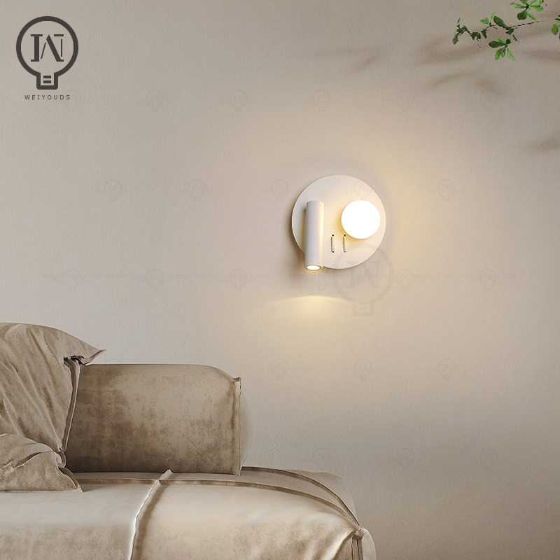 Hvit vegglampe bakgrunnsbelysning 350 gradere rotasjon justerbar vegglampe hotellsoverom nattbordsstudie lesebordslampe med bryter