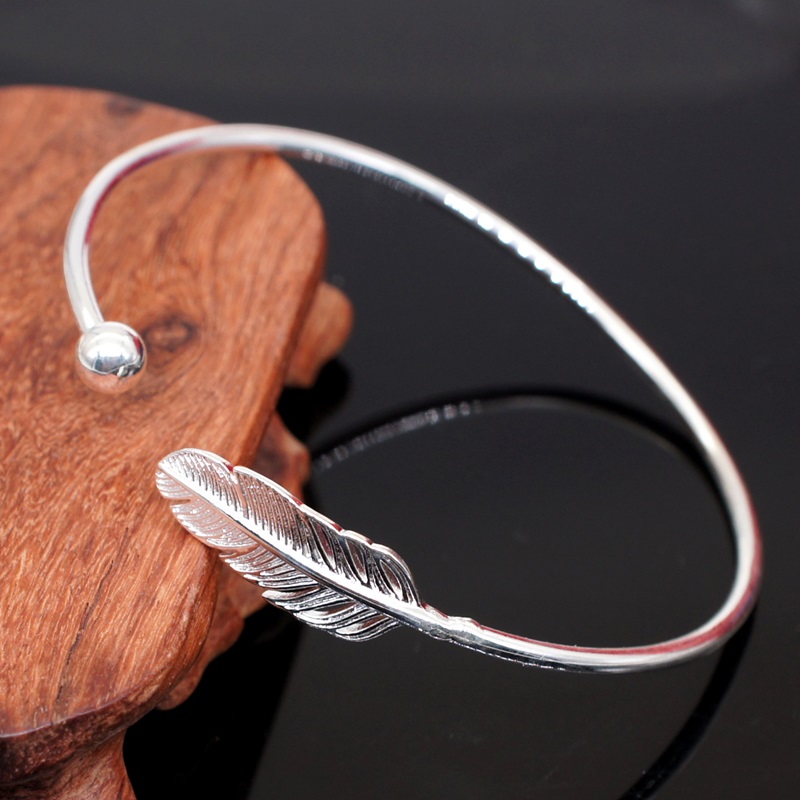 OMHXZJ Europese Mode Vrouw Meisje Party Wedding Leaf Open 925 Sterling Zilveren Manchet Bangle BA15