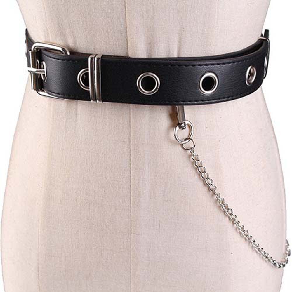 Gothic Punk Rock Zwarte Ketting Verstelbare Metalen Gat Taille Riem Voor Vrouwen Meisjes Harajuku PU Lederen Riem Dames Slim Tailleband