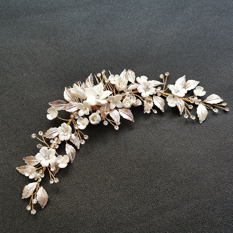 Slbridal håndlavet krystal rhinestone perler keramisk blomst brude hår kam bryllup hår tilbehør brudepiger kvinder smykker