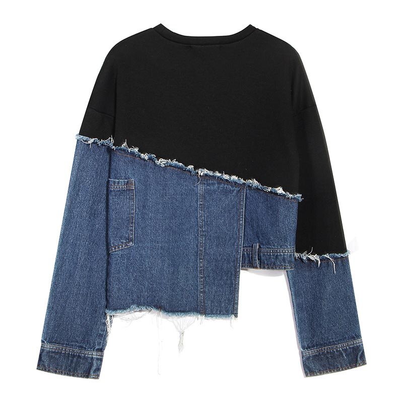 TWOTWINSTYLE, sudadera asimétrica vaquera Pacthwork para mujer, cuello redondo, manga larga, sudaderas con capucha holgadas de Color popular para mujer, novedad de