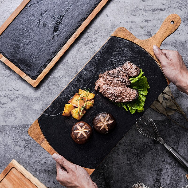 Nieuwigheid massief houten snackschijf houten dienblad zwarte leisteen broodbord acacia houten bord westerse japanse gerechten