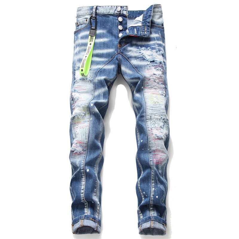 Kimsere heren hi street destroyed jeans merk gescheurde denim broek met gatenpatches gescheurde jeans rechte pasvorm: 36