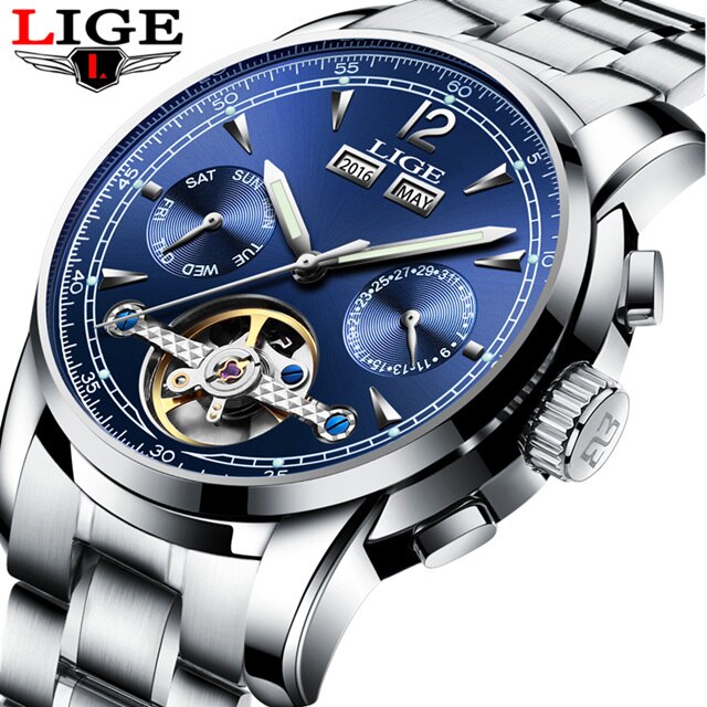 Männer Uhren Luxus oben LIGE Tourbillon Mechanische Sport Uhr Mens Geschäft Automatische Uhr Mann Relogio Masculino: Silber- Blau