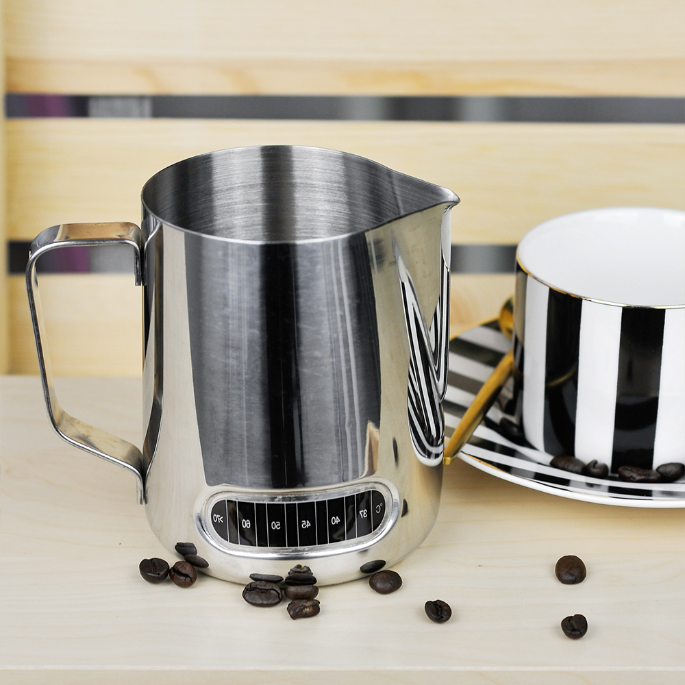 600ml Edelstahl Aufschäumen Kaffee Krug ziehen Blume Tasse Espresso Tassen Latte Kunst Milch Aufschäumen Krug Mit Thermometer Aufkleber