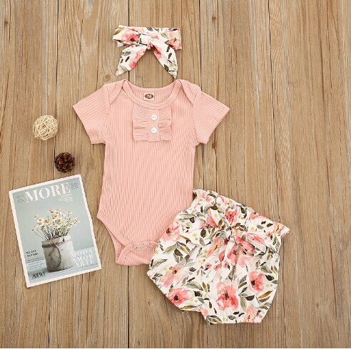 0-24M Zomer Pasgeboren Baby Meisjes Korte Sleeveround Kraag Romper + Zoete Bloemen Printing Shorts + Boog Hoofddeksels set