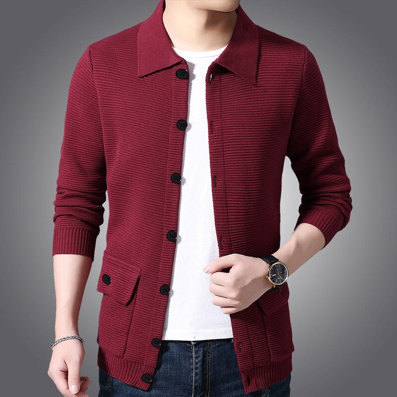 Veste en tricot 30% laine pour homme, pull-over, couleur unie, col rabattu, Cardigan, vêtement d&#39;extérieur, bonne: Bourgogne / M