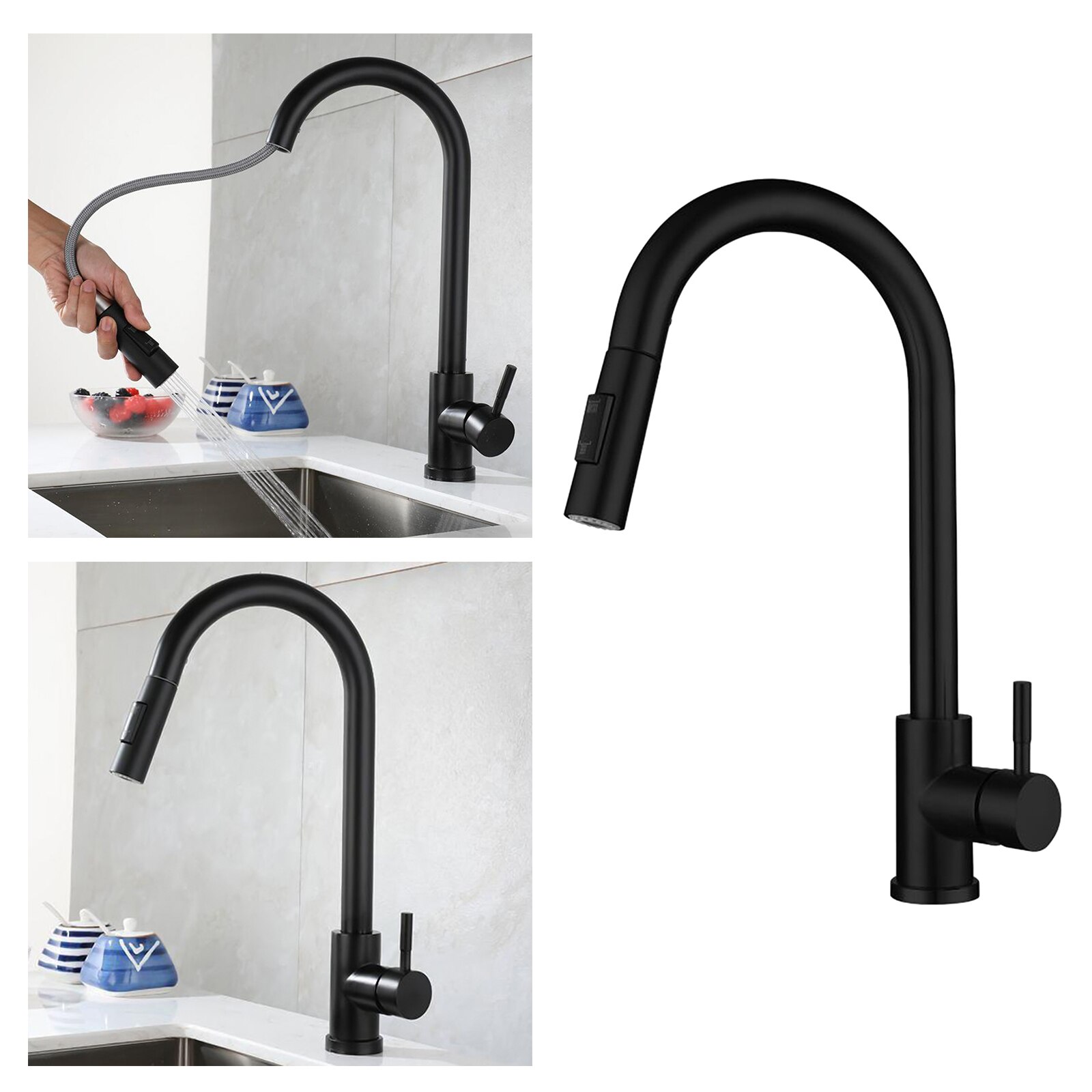 Smart Touch On Kitchen Faucet Sensor 360 Rotation Pull Out Single Handle Mixer Tap Two Water Modes Sink Crane Cold: Black