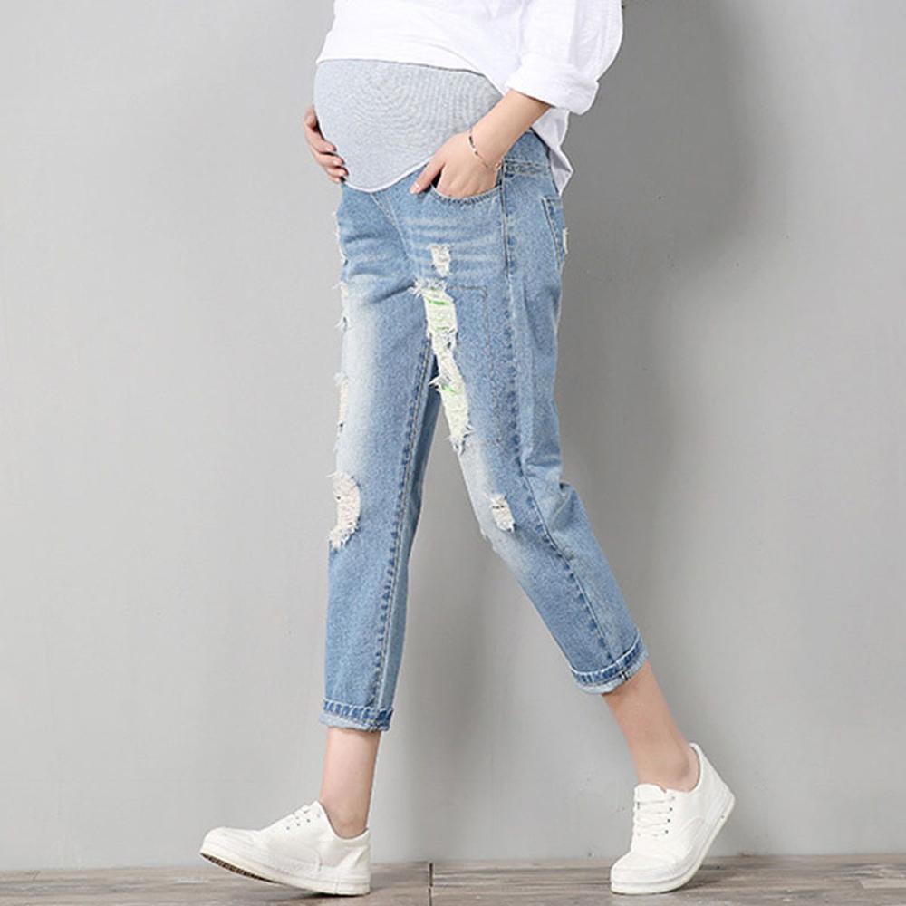 Mamma bekväma blå bomulls jeansbyxor amning graviditetskläder overall byxor jeans gravida kvinnor kläder: Mörkblå / Xl
