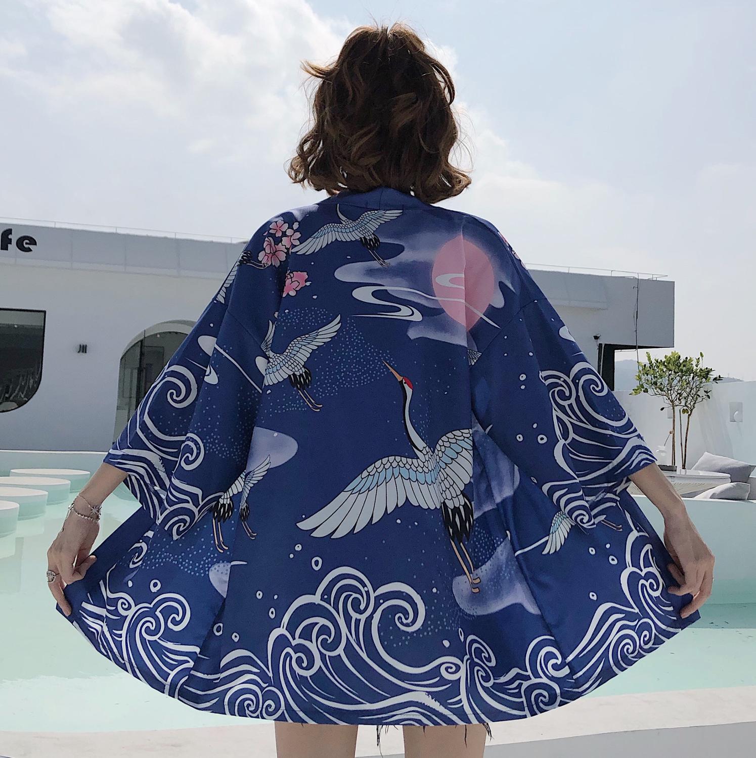 Japanese Yukata Kimono Summer Top Japan Printed Crane Haori Kimono Japones Harajuku Kimono Boho Yukata Women: style 13