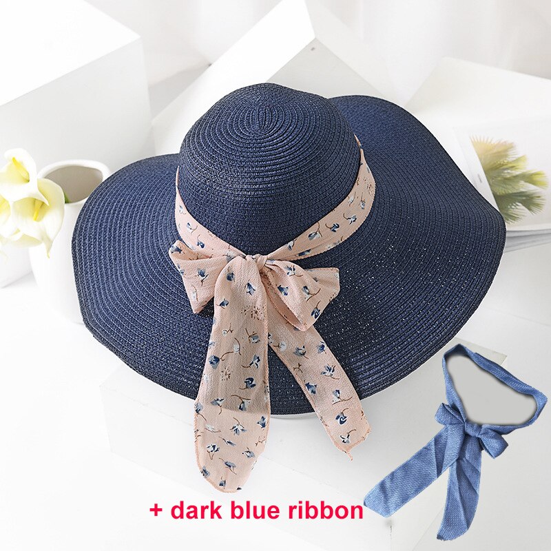 USPOP -chapeaux de soleil pour femmes, chapeau en paille, fait à la main, chapeau de plage à large bord, avec nœud papillon, ombre anti uv, été décontracté: Blue 2