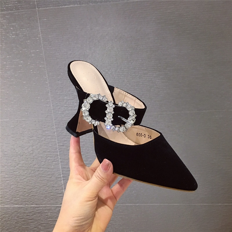 Zomer dames bling kristallen slippers muiltjes hoge hakken slippers suède gesloten teen hoge hakken slippers glinsterende nette schoenen