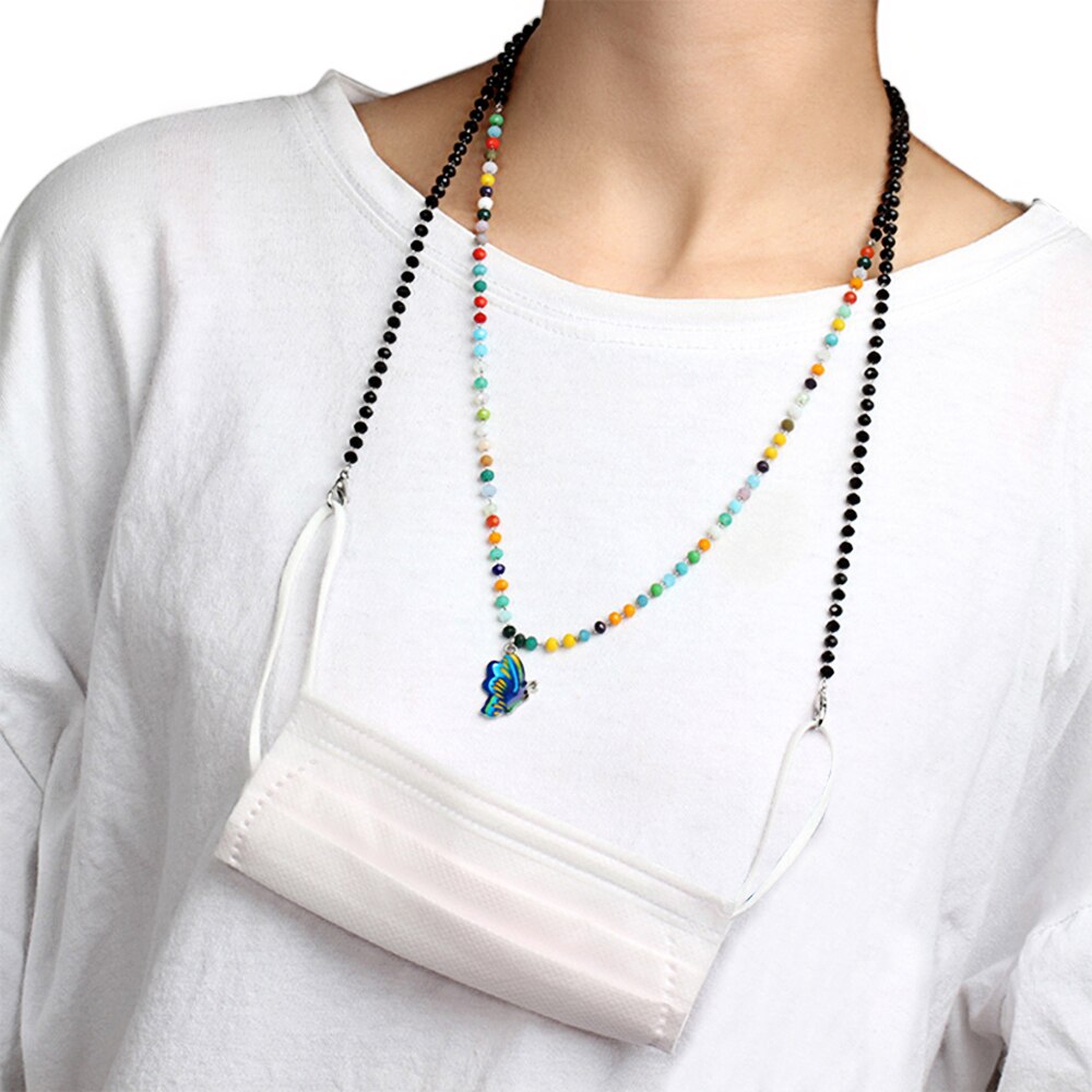 Nuevos accesorios para cadena de suéter para mujer, cadena de cuenta de arroz de Color a la , máscara colgante de mariposa, gafas anticaída, collar de cordón de