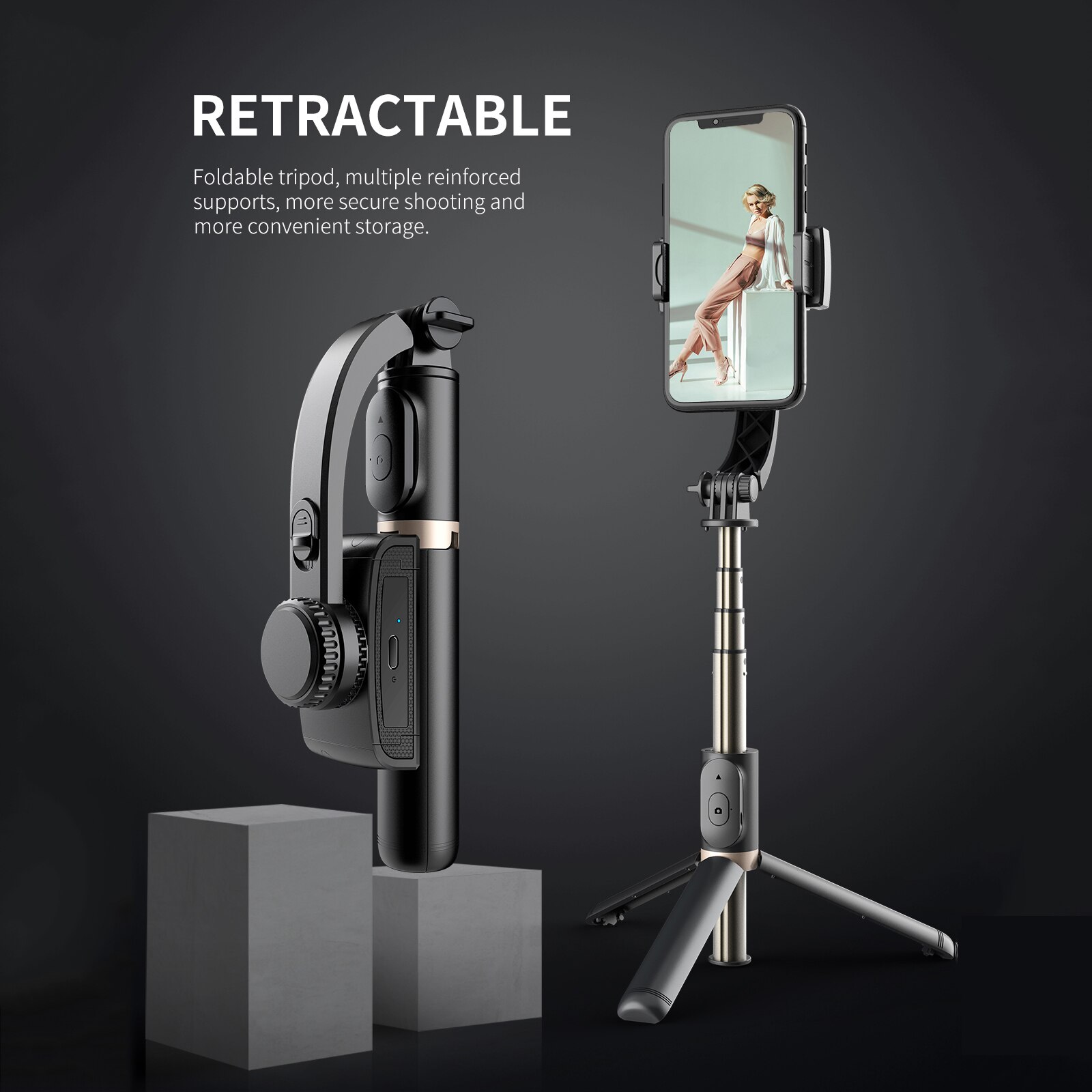 Anti-Schütteln Smartphone Handheld Gimbal Stabilisatoren Selfie Stock Stativ Drahtlose Bluetooth Fernbedienung Erweiterbar Faltbare: schwarz-Q-76CM