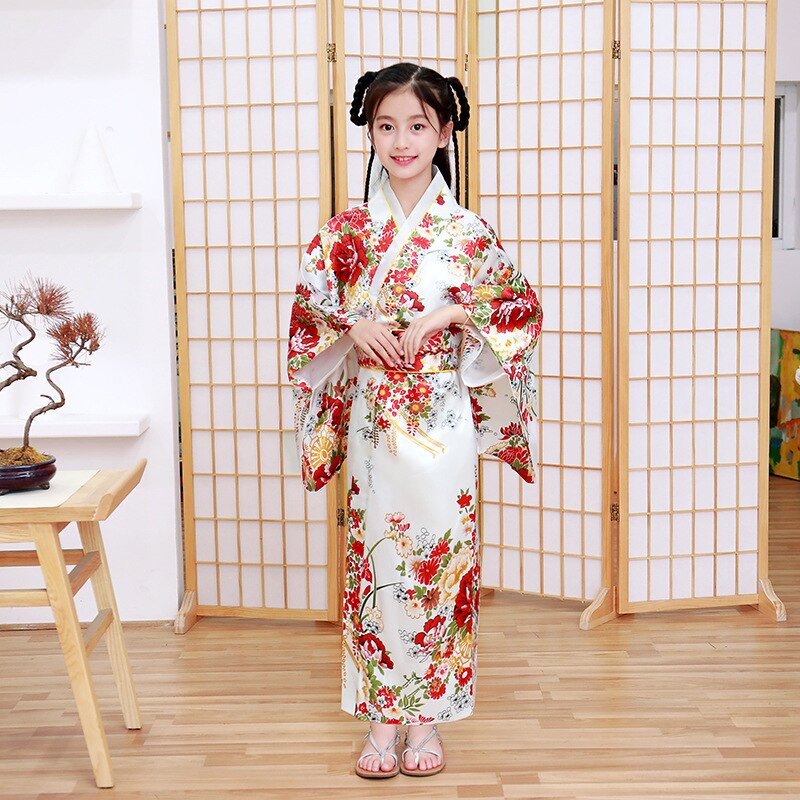 Kimono tradicional chino para niños, vestido de seda, vestido para niña, vestido de una pieza: White / 150