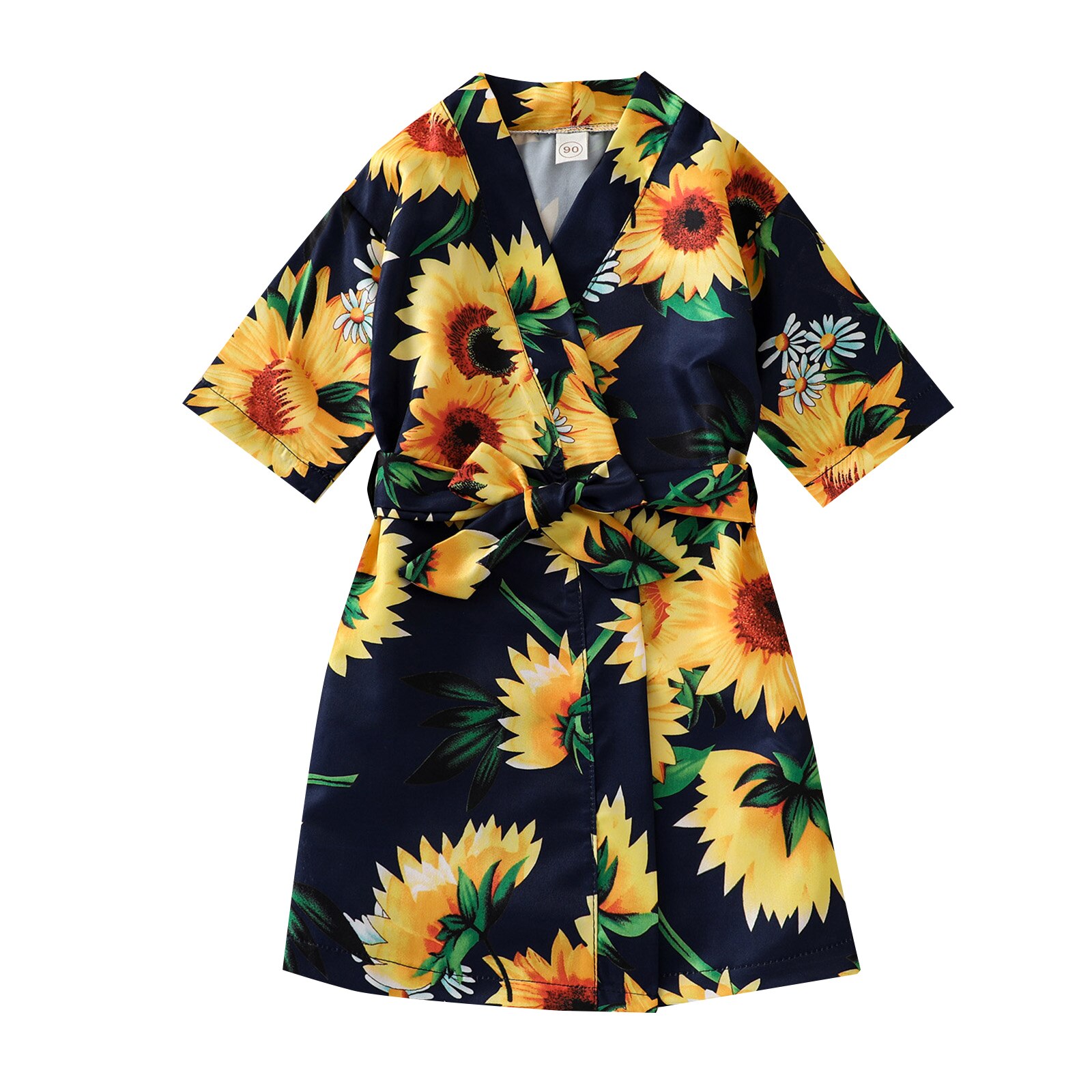 Roupão de girassol de verão 1-6 anos, camisola casual de mangas curtas para meninas: Azul marinho / 2T