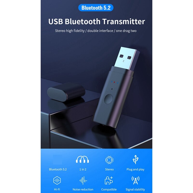 Bluetooth Adapter USB Bluetooth 5.2 Transmitter One For Two Free Drive USB/AUX Dual Output