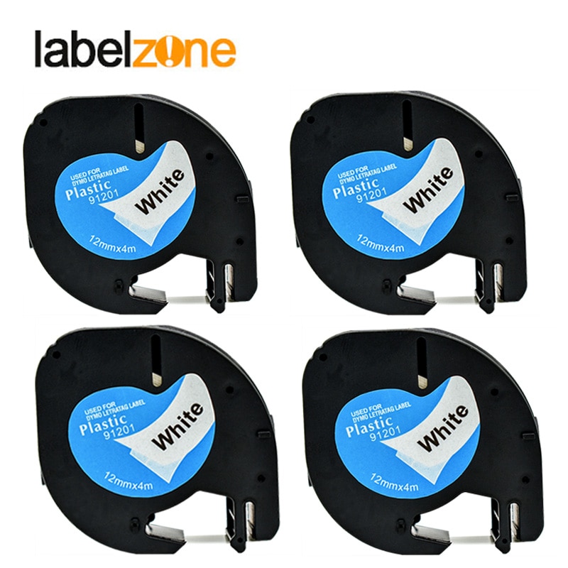 Lablezone 4Pcs Compatibel Dymo 91201 Tapes LT91201 Zwart Op Wit 12 Mm * 4 M Plastic Tape 91331 91221 59422 Voor Letratag Printers