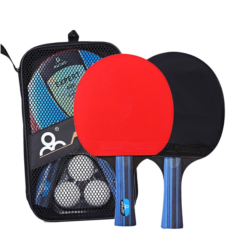 2 stk bordtennis bat racket dobbelt ansigt bumser i lang kort håndtag ping pong padle ketcher sæt med taske 3 bolde: Lige greb