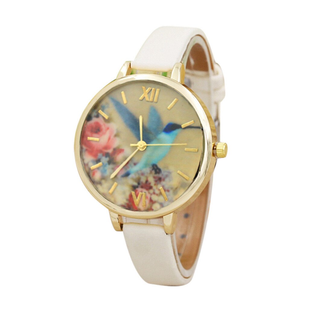 Vrouwen Jurk Leather Horloges Bloem Gedrukt Horloge Analoge Quartz Analoge Horloges Relogio Feminino: Beige