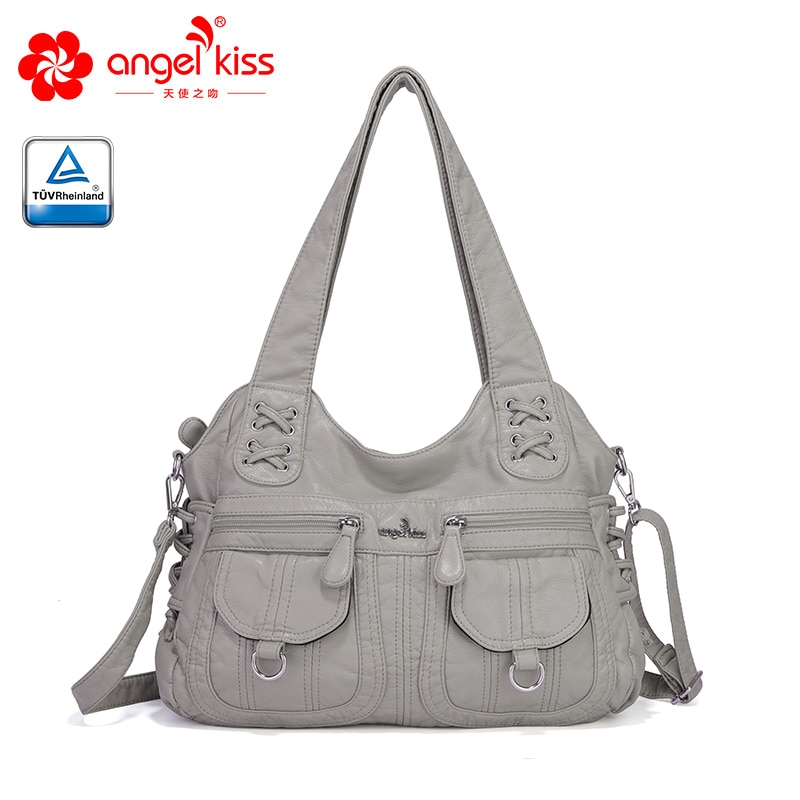 Angelkiss Gewassen Pu Vrouwen Handtas Dame Schoudertas Dubbele-Compartiment En Multi-Pocket Ruim Messenger Tote Met Lange band