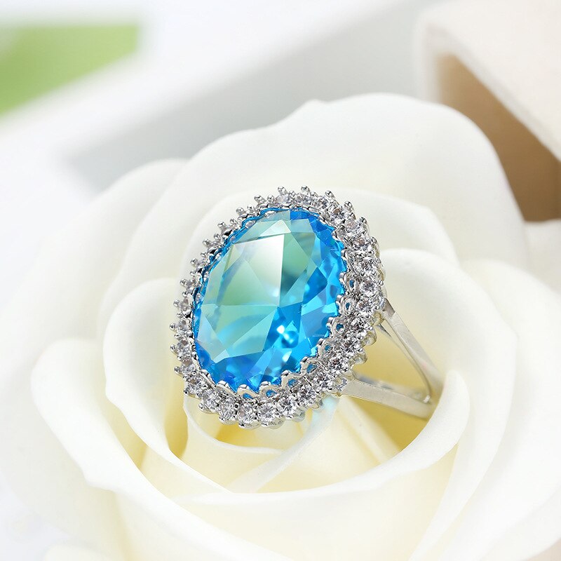 Cellacity Trendy Oval Gemstones Ring for Women Female Fine Jewelry Sterling Silver 925 Ruby Aquamarine Zirocn Luxury Party Rings: 6 / blue