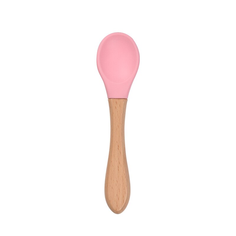 2PCS Baby Bamboo Training Spoons Organic Soft Baby Feeding Silicone Tip Spoon Scoop Easy Grip Handle Toddlers Infant: pink