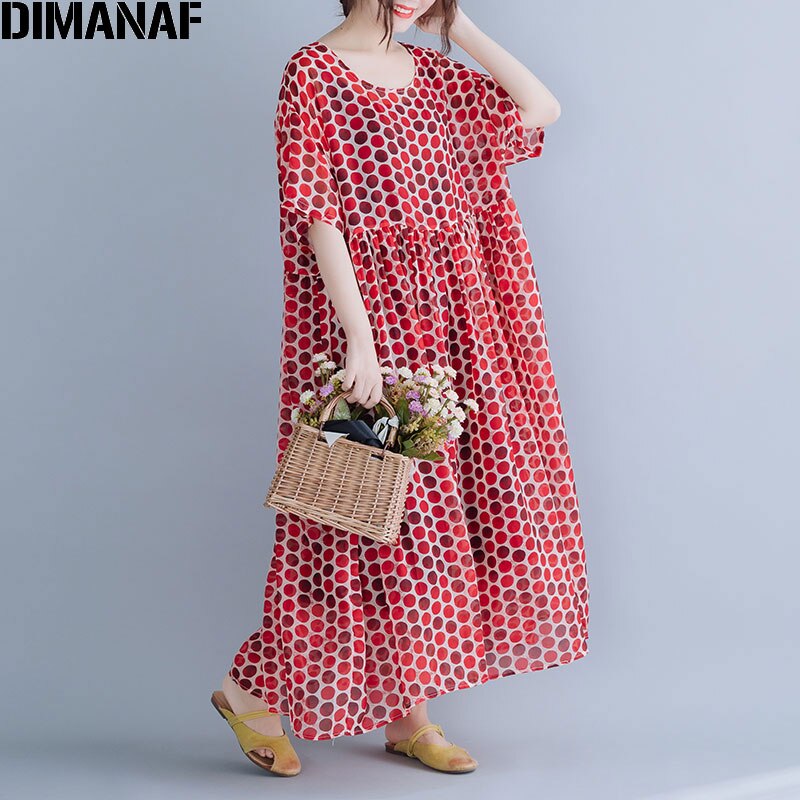 DIMANAF Plus Size Mulheres Polka Dot Vestido de Chiffon Estilo Praia Verão Férias Vestido de Verão Tamanho Grande Vestidos Soltos Vestidos de Impressão Feminino: XL