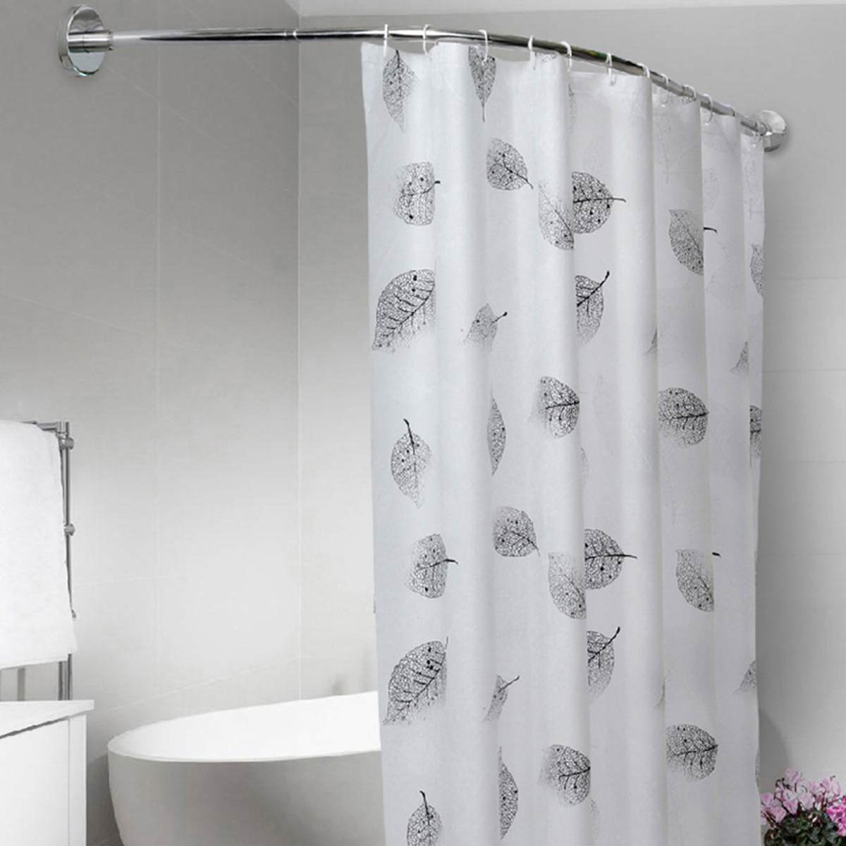 12PCS Stainless L Shaped Curved Black Shower Curtain Rod Shower Curtain Poles Punch Free Suction Cup Bathroom Curtain Rail Track