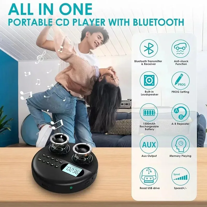 Multifunctional cd player, rechargeable two-way bluetooth, 5,0 built-in speakers, usb playback, hifi music on-the-go, shockproof