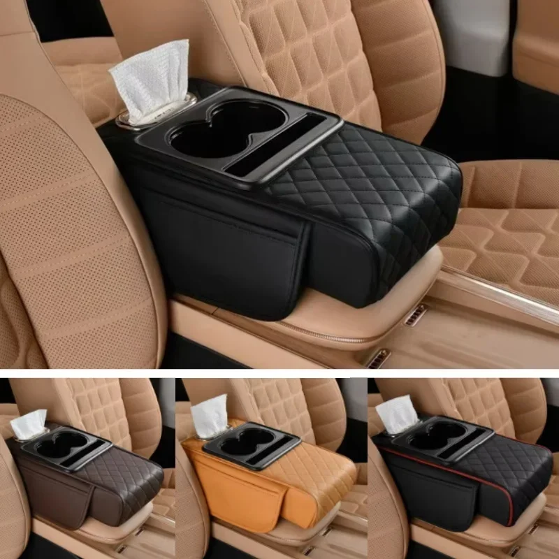 Caja de reposabrazos para coche, almohadilla de altura gruesa de 7,5 cm, cojín para reposabrazos con bolsillo, portavasos de tejido, soporte para codo de algodón con memoria, almohadilla de altura