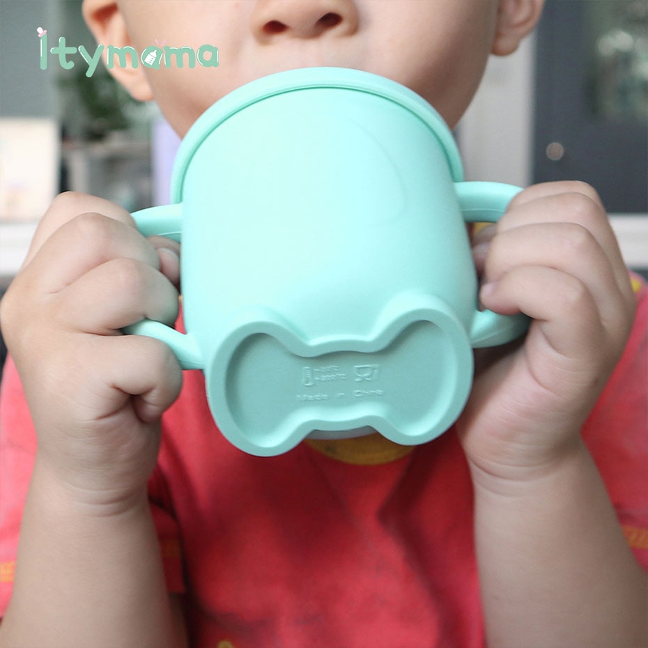 Tazas de alimentación para bebés, taza de aprendizaje para beber de silicona, con asa, tapas de silicona sólidas