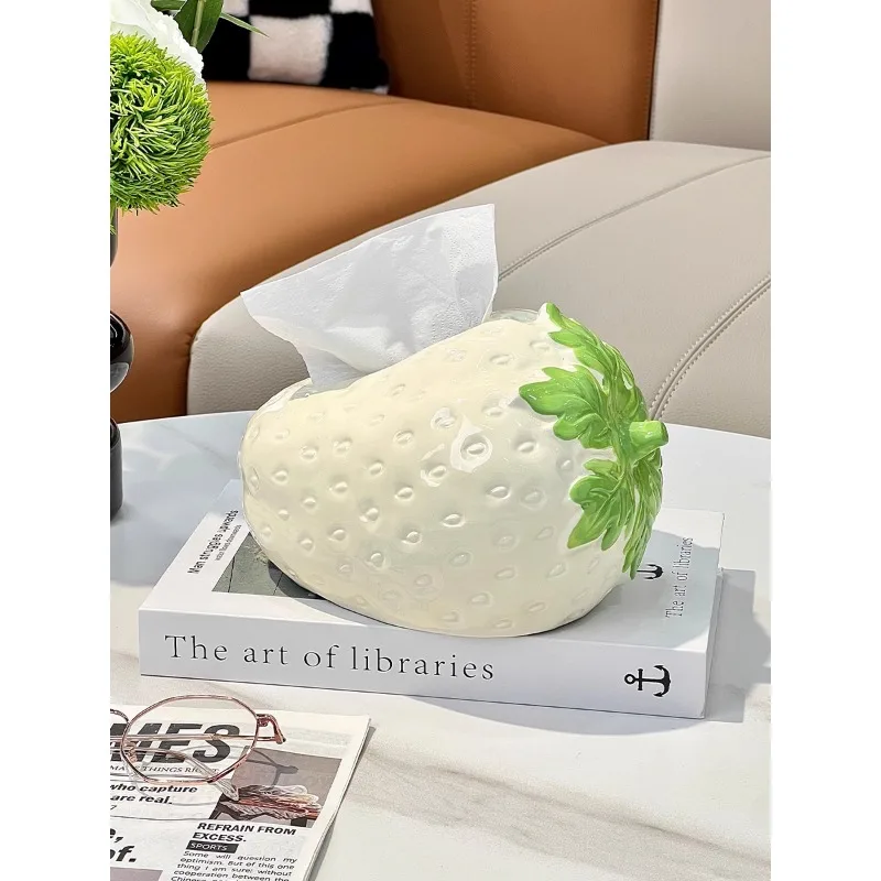 Kreatywny ceramiczny pojemnik na chusteczki w kształcie truskawki, dekoracja na stolik kawowy, biurko, ozdoba, ceramiczny pojemnik na chusteczki, etui na ręczniki papierowe na stolik nocny.: BIAŁY