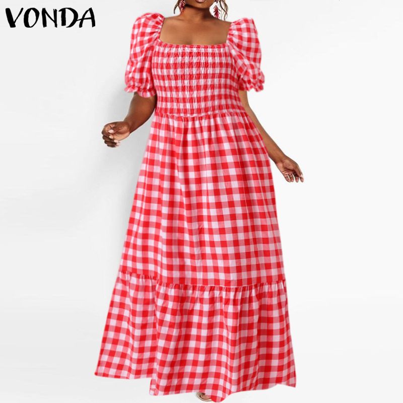 Plus Size Summer Dress 2022 VONDA Short Lantern Sleeve Square Collar Vintage Bohemian Plaid Dresses Femme Party Vestidos: Red / XL