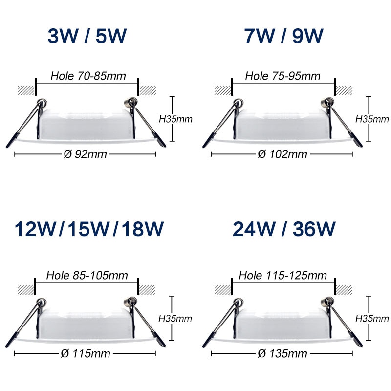 Dimbar vanntett led downlight  ac220v 230v 5w 7w 9w 12w 15w 18w 24w led innendørs lampe innfelt led spotlys for baderom