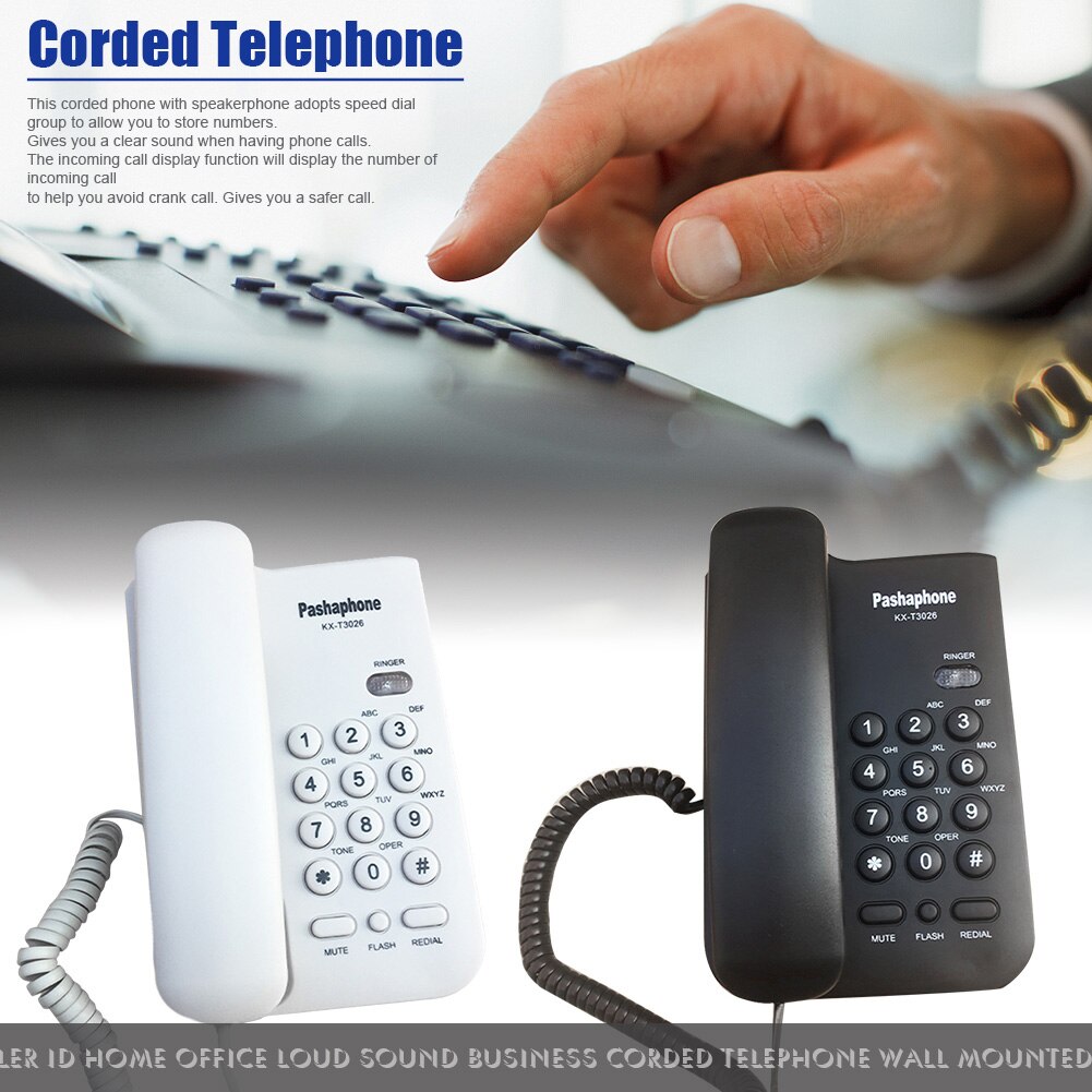 Teléfono Fijo de pared para oficina, con cable, Dial rápido, plástico, botón grande, identificación de llamada de sonido fuerte para Hotel