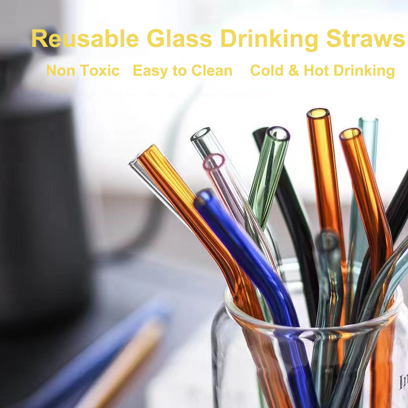 8Pcs Colorful Reusable Bent &amp; Straight Glass Straws 8mm Glass Drinking Straw for Smoothies Beverages Shakes with Cleaning Brush