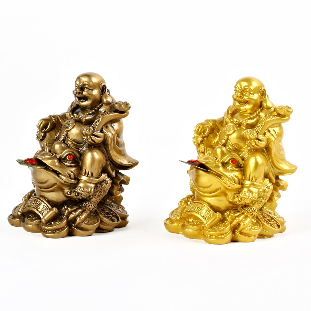 Goud hars sculptuur Maitreya Boeddha standbeeld Qianbao Maitreya Boeddha riding Golden Toad standbeeld