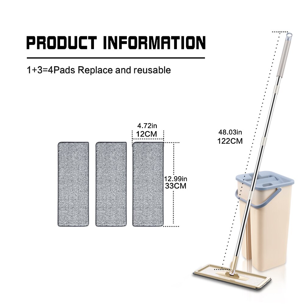 Trapeador plano con cubo Rotación de 360 ​​grados No lavar a mano Fregona para limpieza de suelos 6 alfombrillas de microfibra Uso húmedo y seco Utensilios de cocina para el hogar: B Beige 4pcs Pads