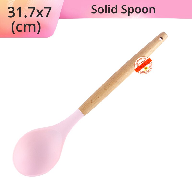 Silicone Cooking Utensils Kitchen Utensils, Acacia Wooden Cooking Tool for Nonstick Cookware - Best Kitchen Gadgets: Pink-Solid Spoon
