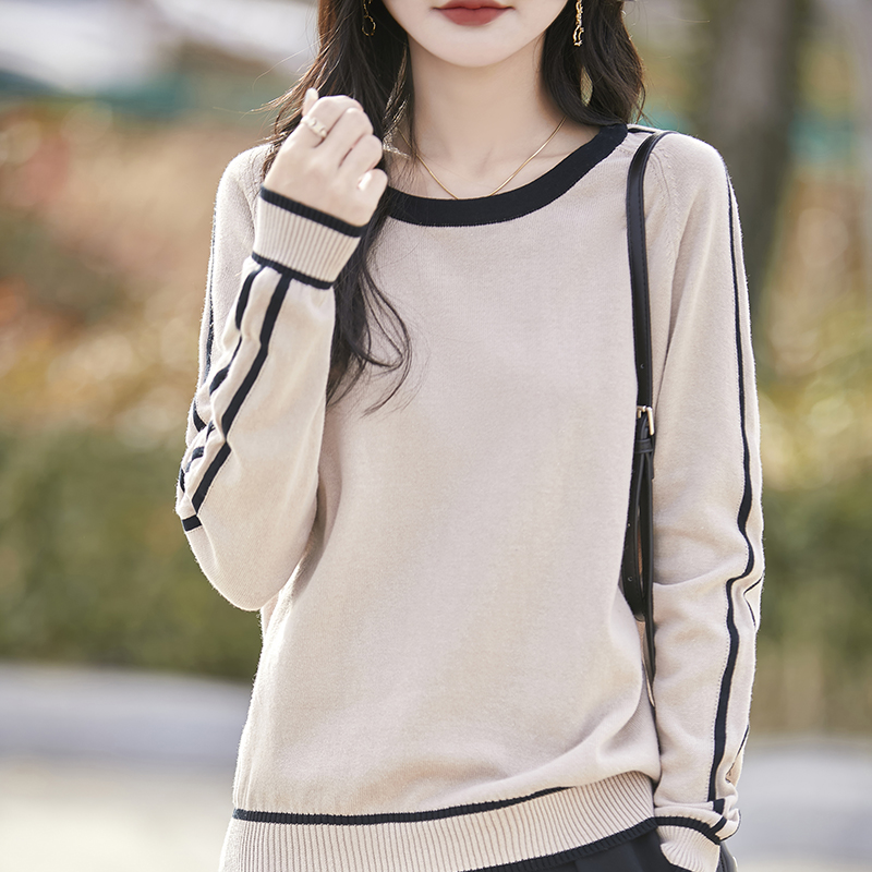 Forår efterår strikket bomuldstrøje dame langærmede toppe stribet dame løse basisvarer patchwork blød pullover