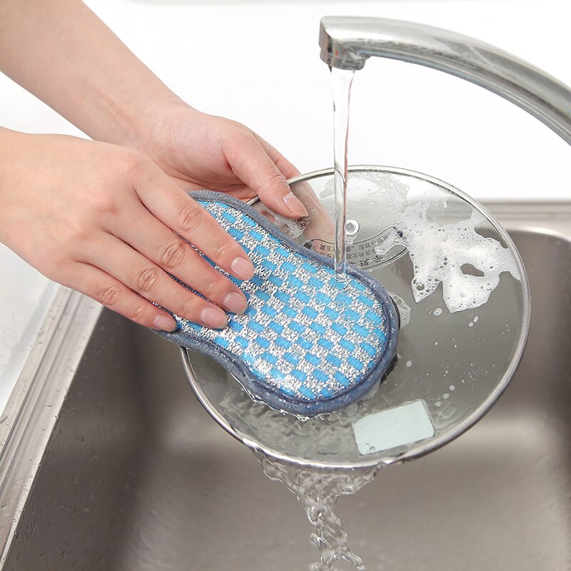 Esponja de limpieza reutilizable para plato de microfibra, estropajo de doble cara, paños sin raspar, Gadget de cocina de descontaminación eficiente