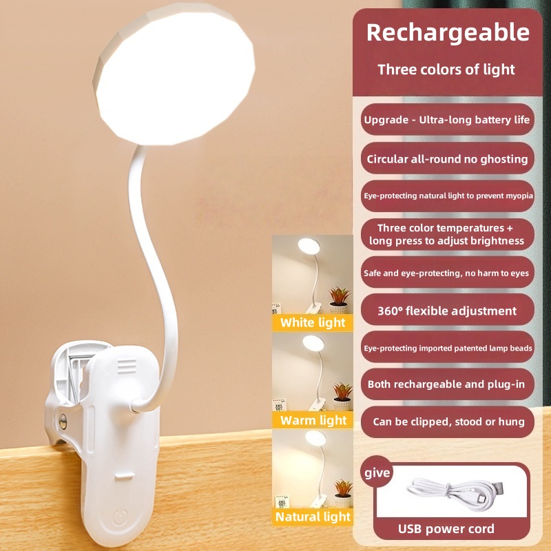 Lampada da tavolo a portato portatile con clip Lampada da scrivania con clip ricaricabile USB Lampada da lettura per letto Luce notturna tocco 3 modalità di attenuazione Luce di protezione degli occhi: BIANCO