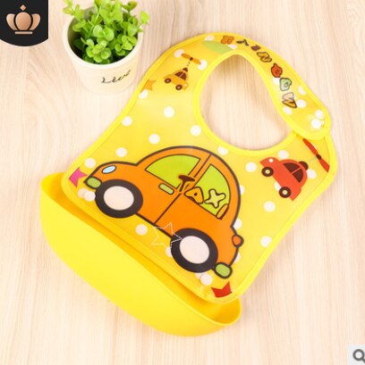 Cute Cartoon Waterproof Baby Soft Silicone Bibs Feeding bib Kids Roll up Food Catcher Pocket: Yellow