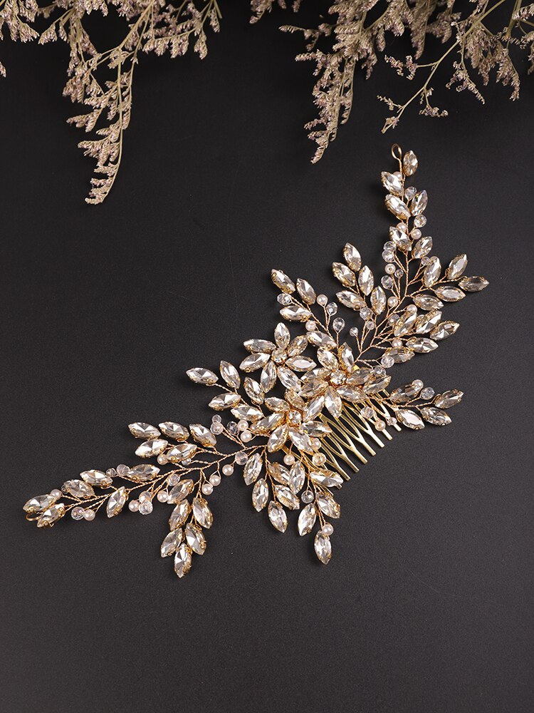 Peine grande para el pelo de novia, accesorio Vintage de plata con diamantes de imitación, perlas brillantes y cristales, tocado, pieza de cabello nupcial, boda: Oro