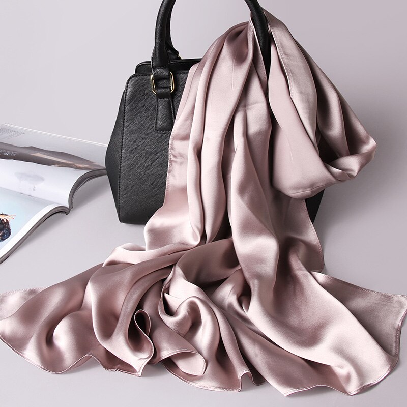 Natuurlijke Echte 100% Zijden Sjaal Vrouwen Luxe Zijde Sjaals Wraps Solid Pure Zijde Satijn Lange Sjaals Hijaabs 175x55cm: Cameo