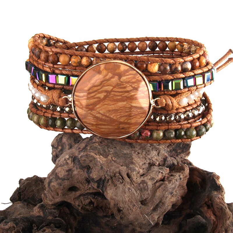 RH Handma Bohemian Jewelry Boho Armbander Natural Stones Big Charm 5 Strands Wrap Bracelets: brown